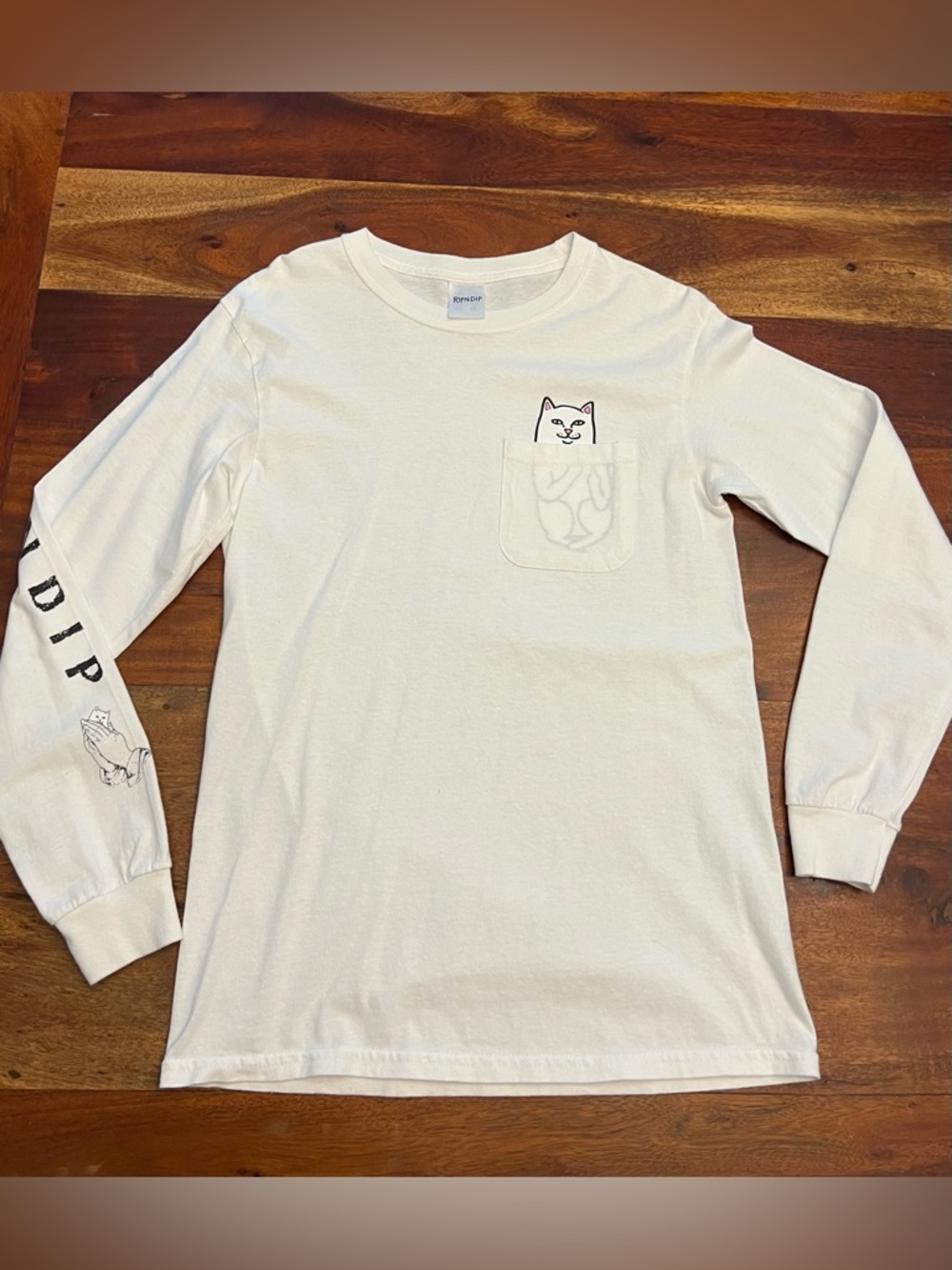Ripndip White Long Sleeve Kids Pocket Tee with Cat Graphic